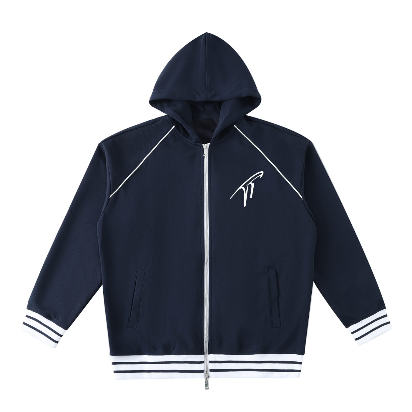 "TT" Striped Trim Zip-Up Hoodie