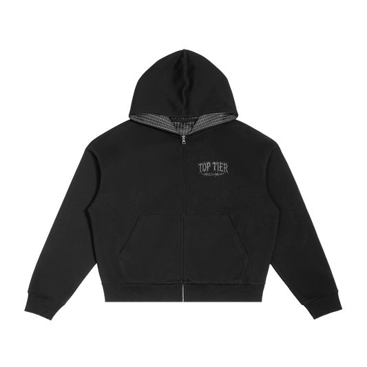 Top Tier Barbed Wire Plaid Boxy Zip Hoodie