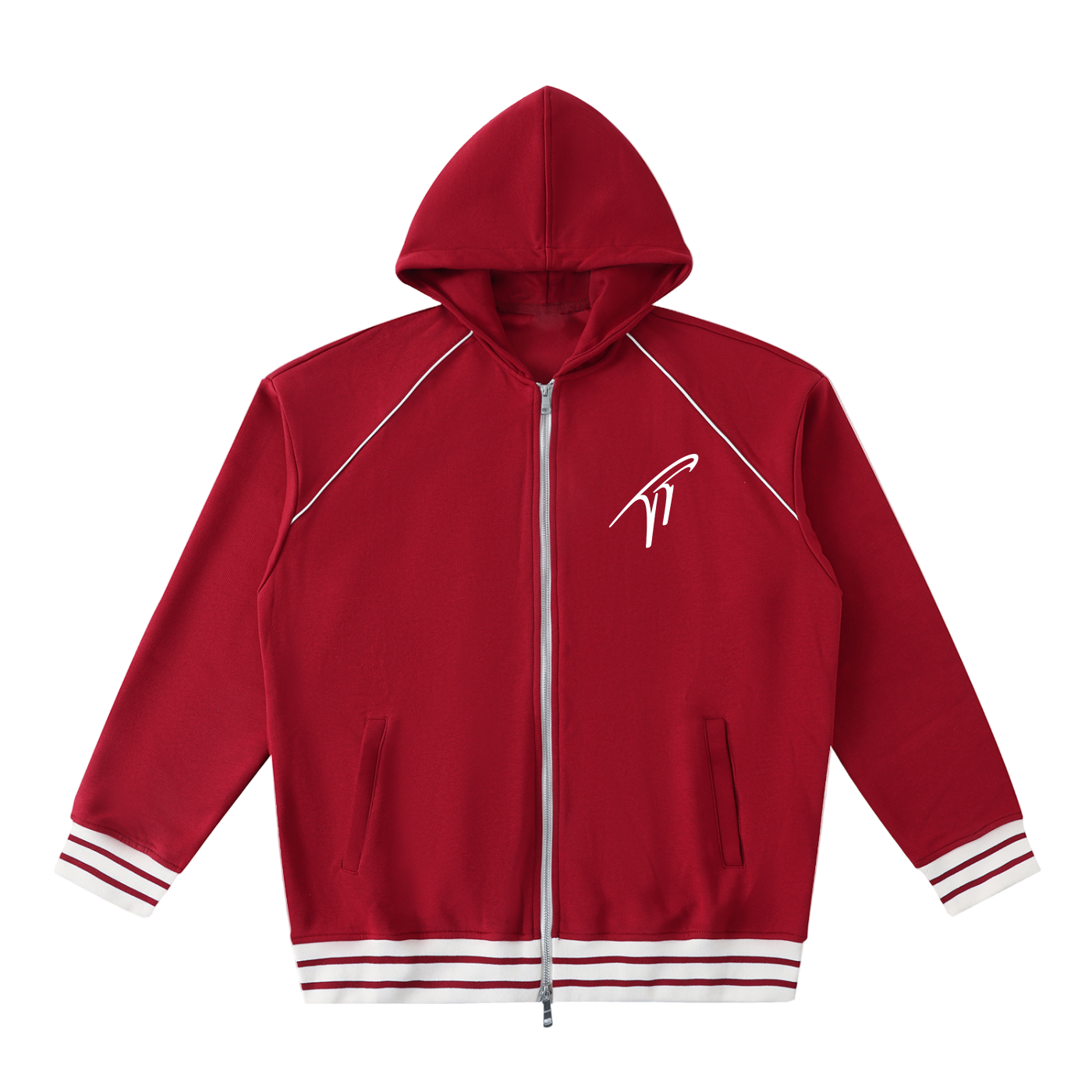 "TT" Striped Trim Zip-Up Hoodie