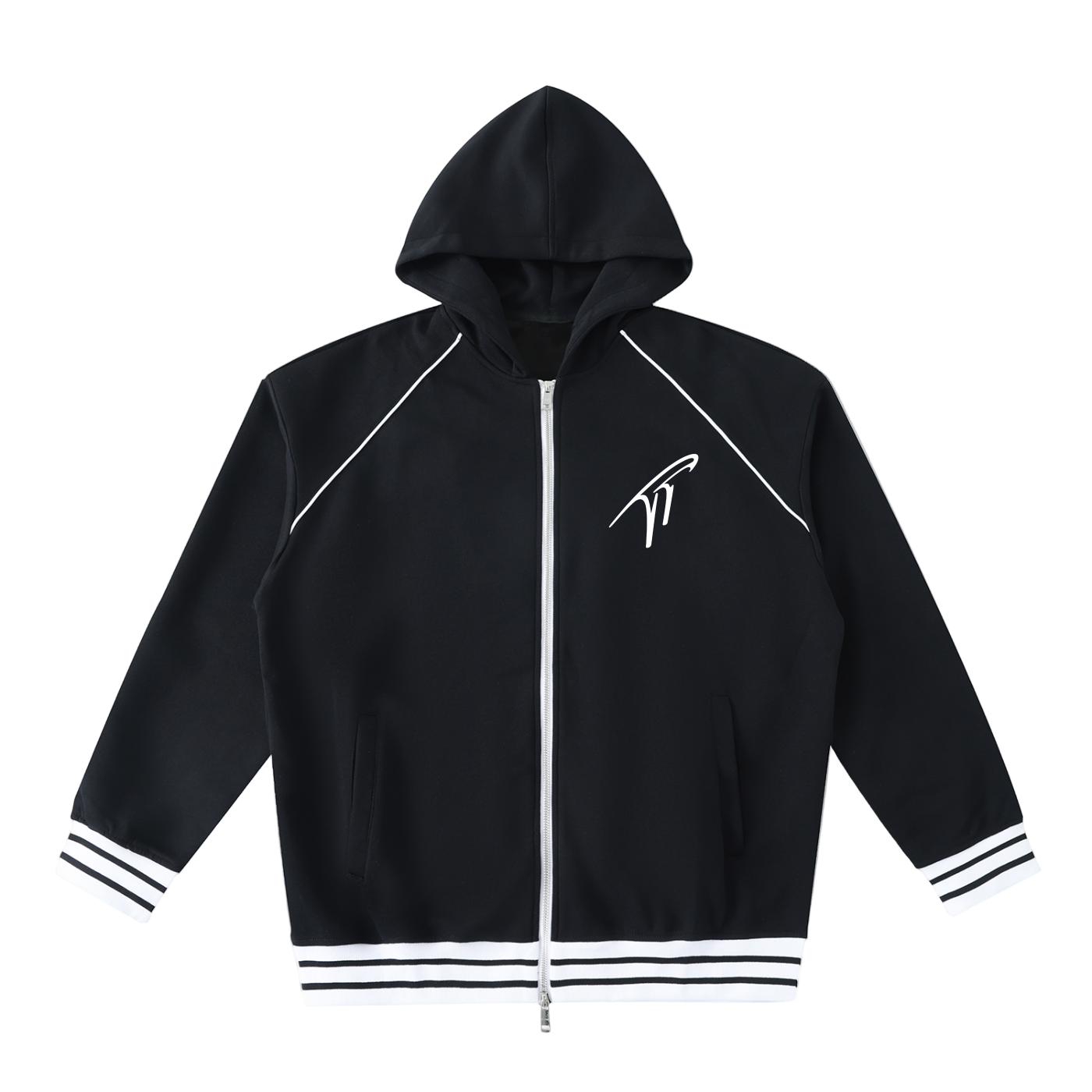 "TT" Striped Trim Zip-Up Hoodie