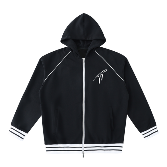 "TT" Striped Trim Zip-Up Hoodie