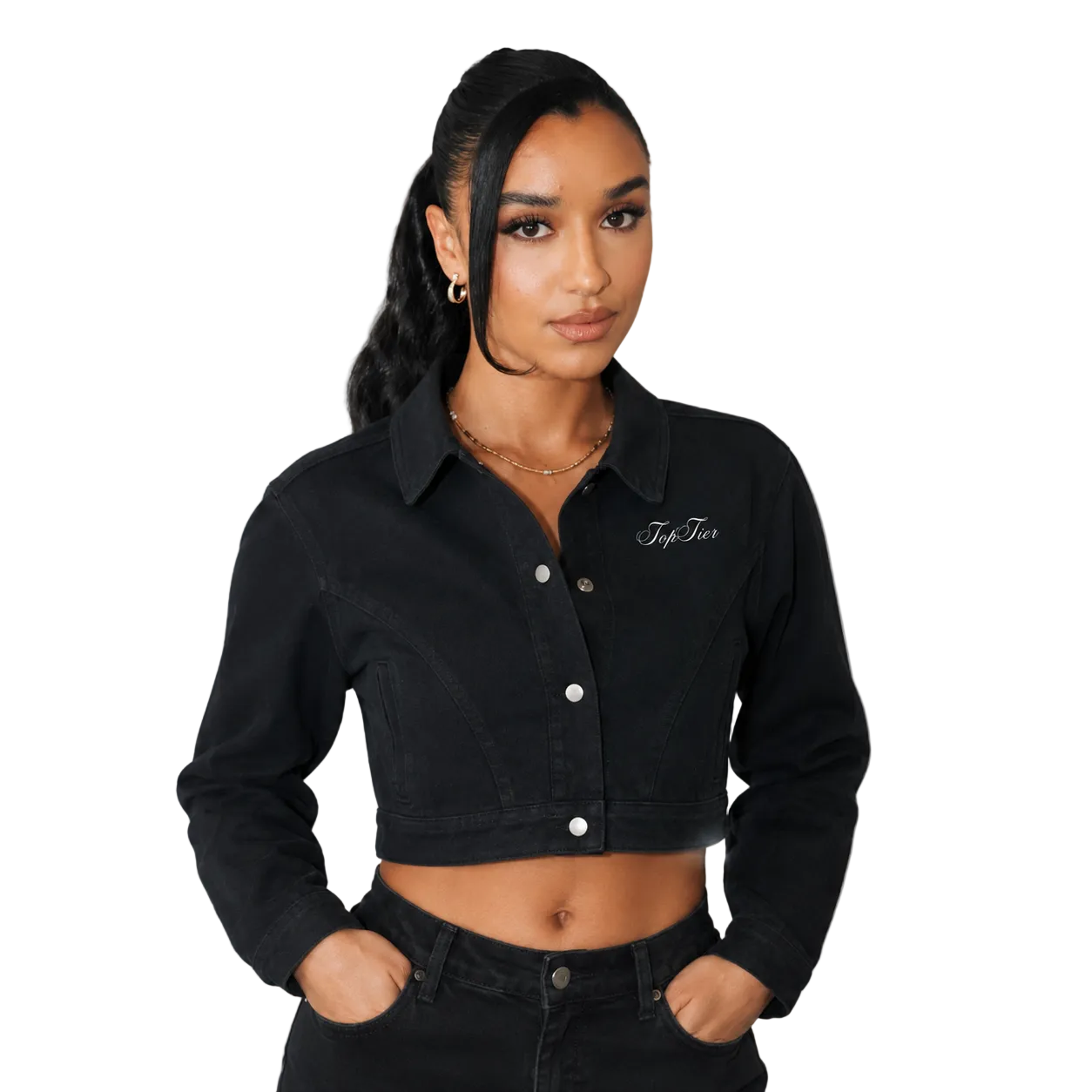 Top Tier Cursive Women’s Crop Denim Jacket