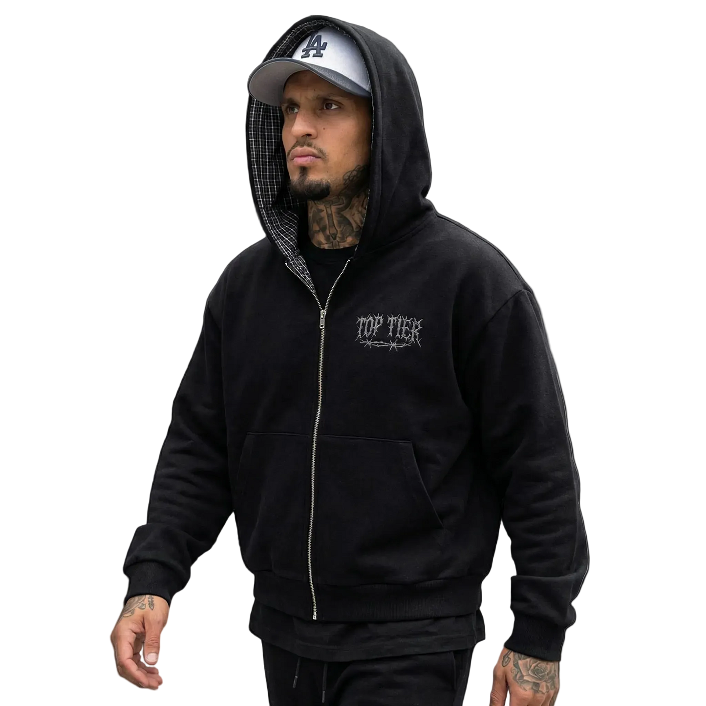 Top Tier Barbed Wire Plaid Boxy Zip Hoodie