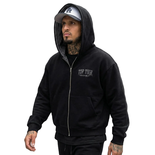 Top Tier Barbed Wire Plaid Boxy Zip Hoodie