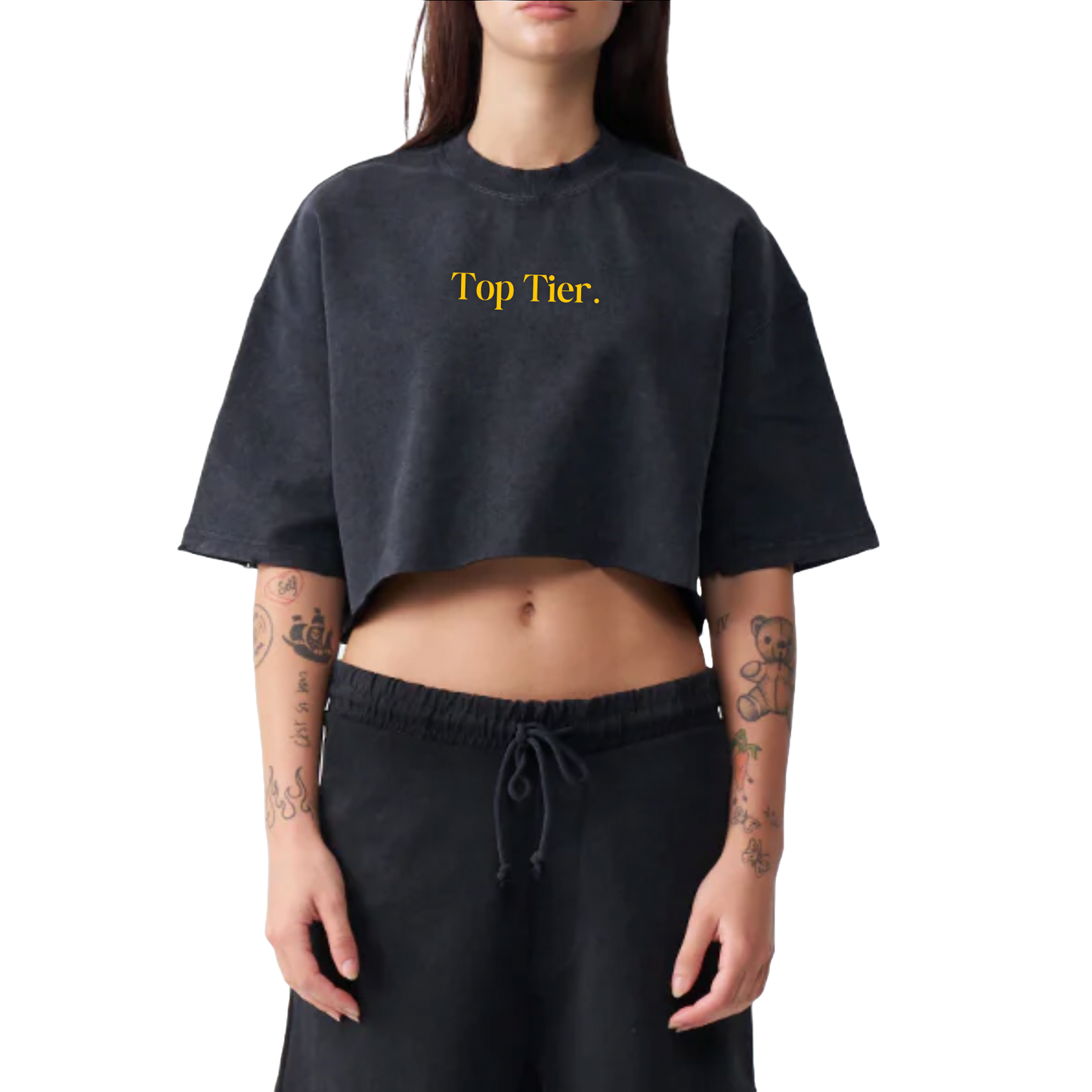 Women's Oversized French Terry Crop Top (Black)