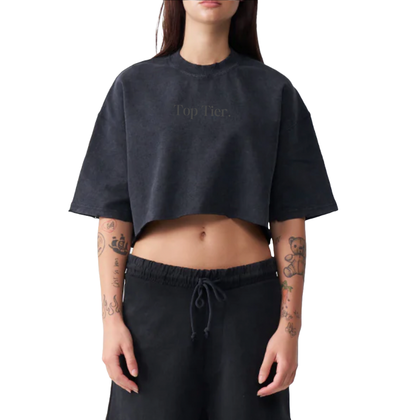 Women's Oversized French Terry Crop Top (Black)