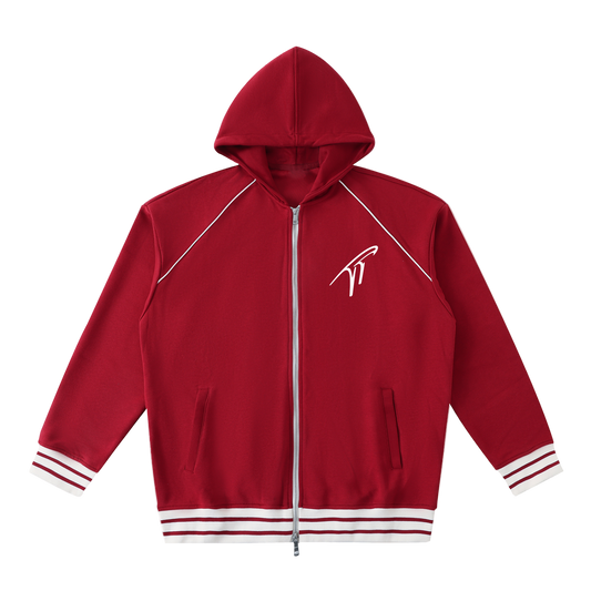 "TT" Striped Trim Zip-Up Hoodie